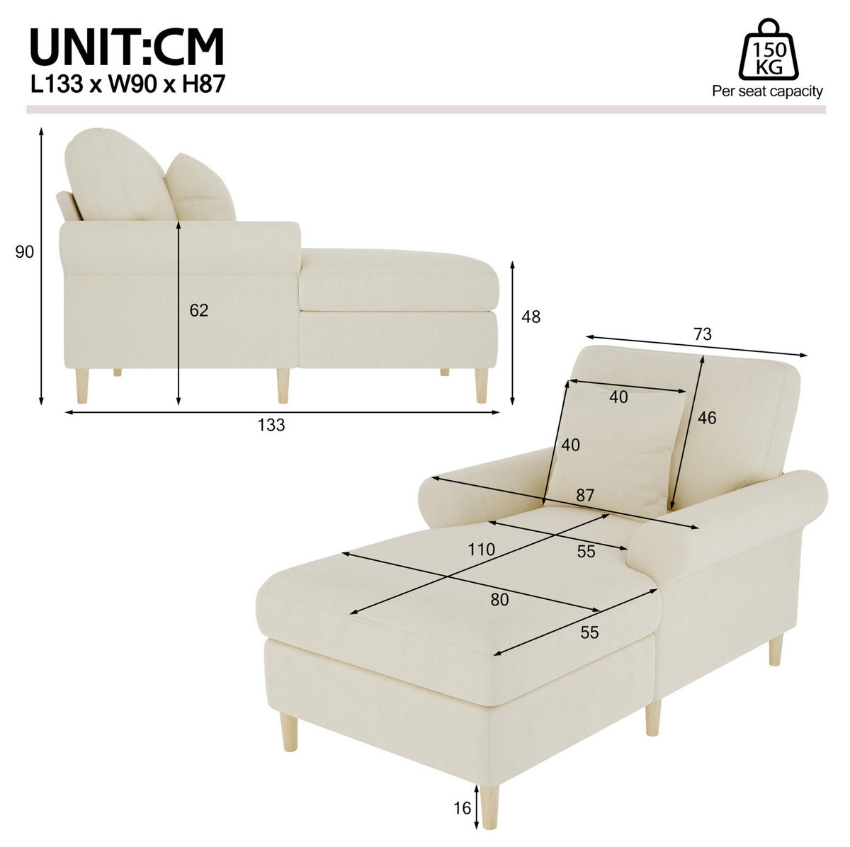 SCHLAFSESSEL 133/87/90 cm mit Liegefläche 87/133 cm, manuell verstellbar - Beige, Textil (87/90/133cm) - BEAOK