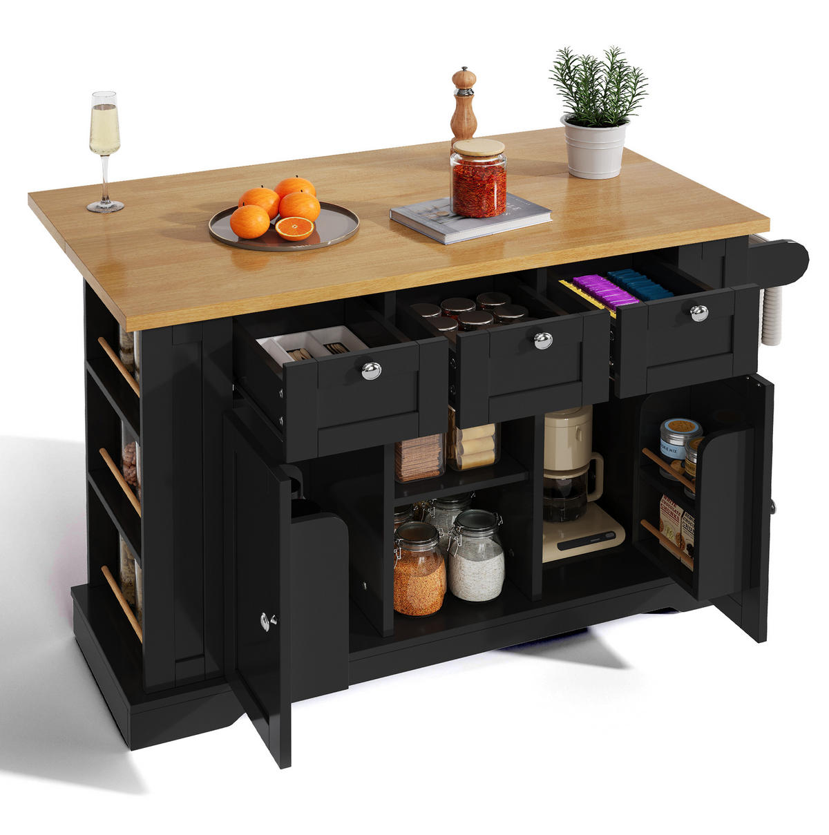 KÜCHENINSEL 132/40(70)/87 cm Natur/Schwarz mit Steckdose - Schwarz, Holzwerkstoff (132/87/70cm) - OKWISH