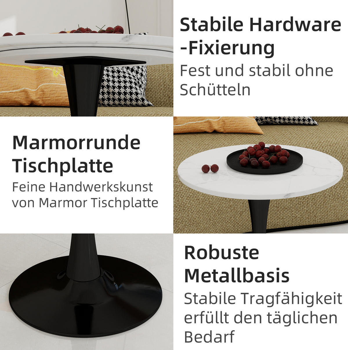 COUCHTISCH 70 cm in Schwarz/Weiß aus Kunstmarmor, rund und modern - Weiß, Stein (70/70/72cm) - Flora Grace