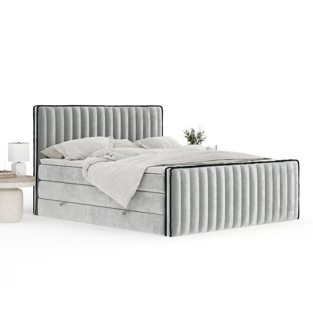 Thumbnail - Maison de Reve Boxspringbett, Hellgrau, Textil, Buche, Kiefer, H3 + H4, 7-Zonen, Höhe ca. 40 cm, 200x200 cm, Handmade in...