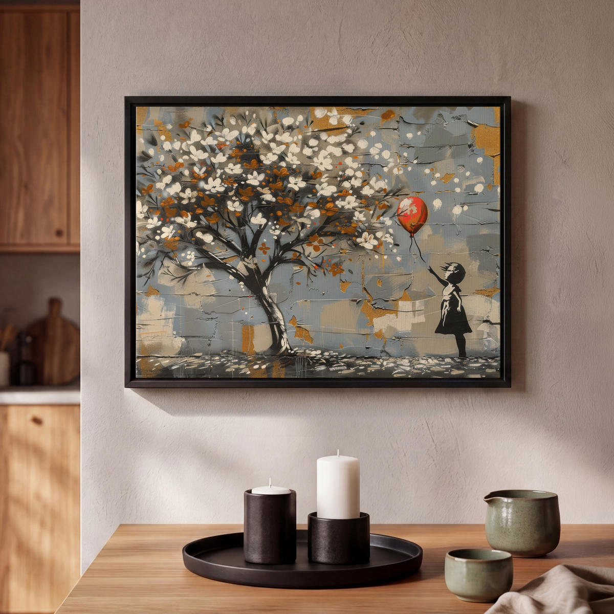 LEINWAND Bilder mit Rahmen - Baum - Graffiti - Banksy-Stil - Ballon-Mädchen - 40x30 - Blaugrau, Textil (40/30cm) - MuchoWow