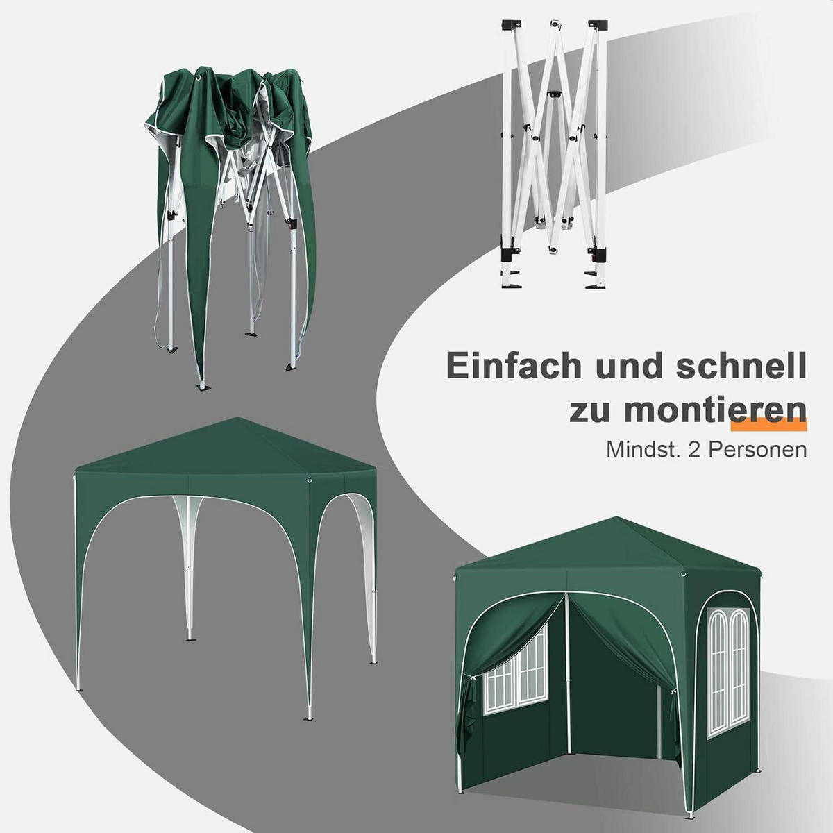 PAVILLON 2x2m mit 4 abnehmbaren Wänden, 3-stufig Höhenverstellbar - Grün, Metall (200/240/200cm) - Woltu