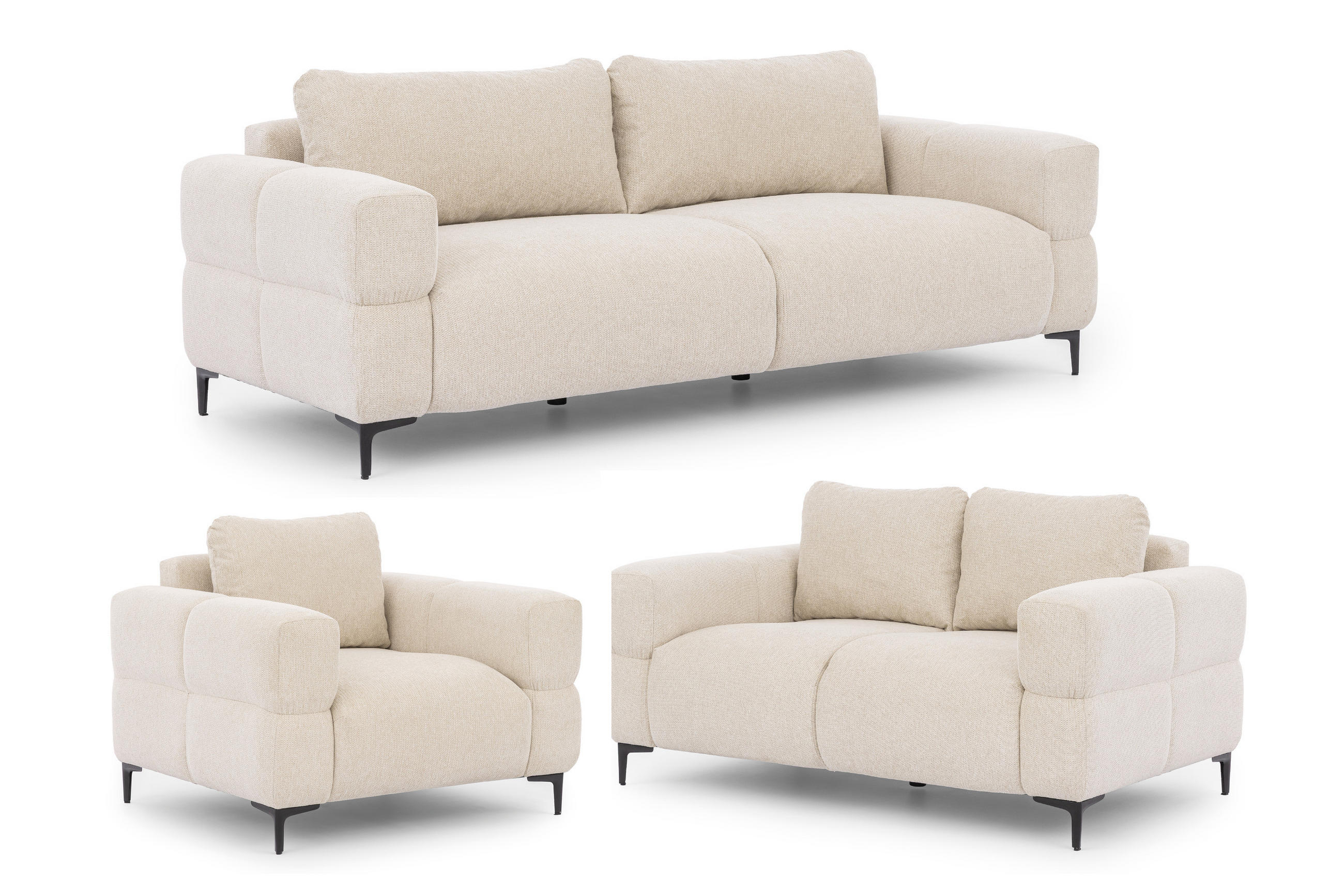 SITZGARNITUR 3+2+1 Cardea in Bubble-Optik aus weichem Hellbeige Strukturstoff mit hohem Sitzkomfort - Beige/Schwarz, Holz/Textil (217/80/97cm) - S-Style Möbel