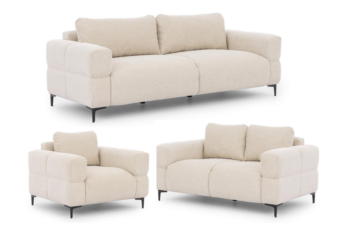 SITZGARNITUR 3+2+1 Cardea in Bubble-Optik aus weichem Hellbeige Strukturstoff mit hohem Sitzkomfort - Beige/Schwarz, Holz/Textil (217/80/97cm) - S-Style Möbel