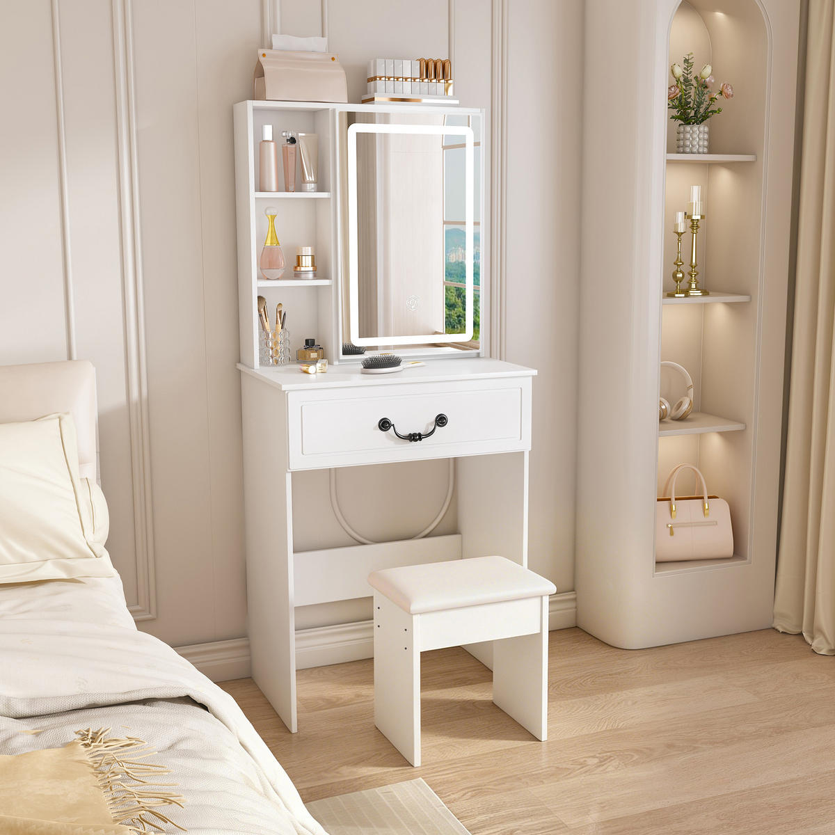 SCHMINKTISCH in Weiß Frisiertisch mit Hocker, Spiegel, LED und Stauraum, für kleine Schlafzimmer, B60/H131.5/T36cm - Weiß, Holzwerkstoff (60/131.5/36cm) - STILVORA