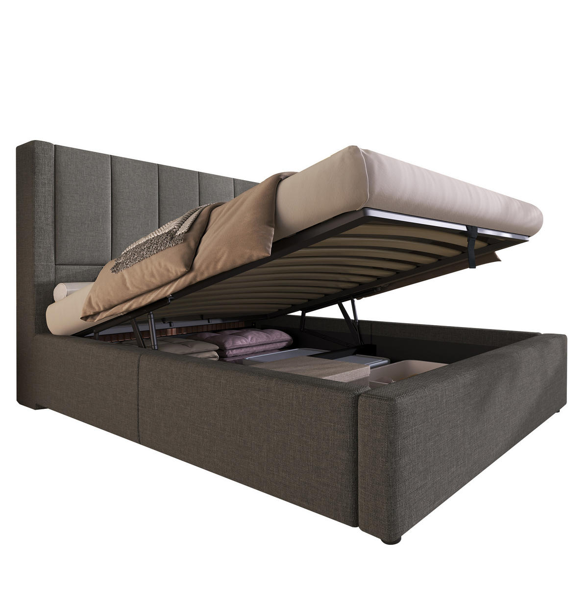 POLSTERBETT aus Leinen 90x200 cm Grau mit Bettkasten, Ladestation, Becherhalter und Matratze - Grau, Textil (90/200cm) - IVMEU