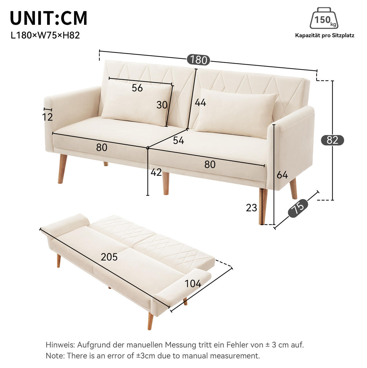 SCHLAFSOFA Samt mit verstellbarer Rückenlehne und Armlehnen Beige 180/75/82 cm - Beige, Textil (82/75/180cm) - Redom
