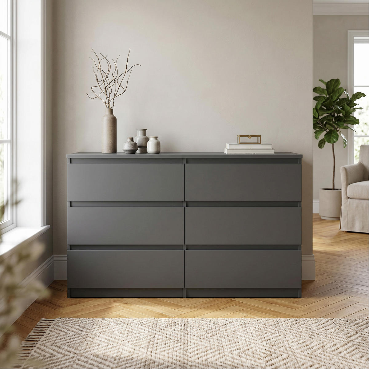 KOMMODE NUDO 138,5/78,5/39cm mit 6 Schubladen Türen Anthrazit - Anthrazit, Holzwerkstoff (138.5/78.5/39cm) - MASSENO