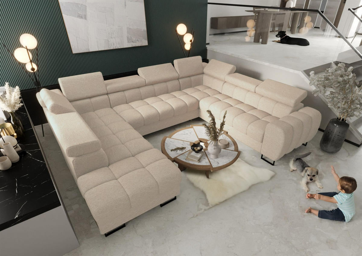 WOHNLANDSCHAFT Bastien Xl - Creme, Holzwerkstoff/Textil (265/95/350cm) - Fun Möbel