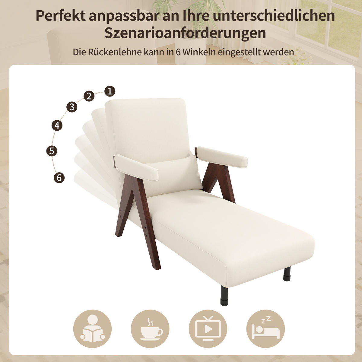 KLAPPSESSEL Leinenstoff 3-in-1 mit 6-fach verstellbarer Rückenlehne 87/64/60 cm Dunkelbraun - Dunkelbraun, Textil (87/64/60cm) - Redom