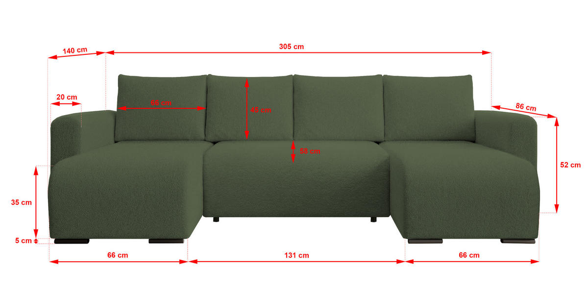 WOHNLANDSCHAFT DORA U mit Bettkasten und Schlaffunktion, U-Form, bequem - Grün, Textil (305/85/140cm) - Storez24