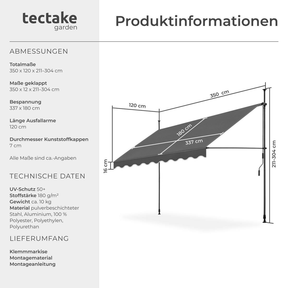 KLEMMMARKISE MIT HANDKURBEL , wasserabweisend, schwarz/grau - Schwarz/Grau, Textil (350/304/180cm) - tectake