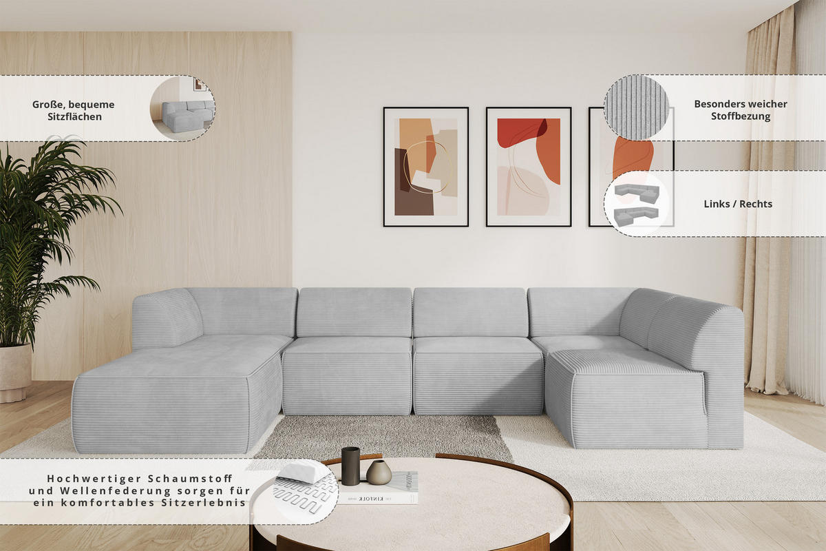 WOHNLANDSCHAFT Ottomane Rechts MOVO-L 345x180x78 cm Rosa Cord - Rosa, Holzwerkstoff/Kunststoff (180/78/345cm) - ALTDECOR