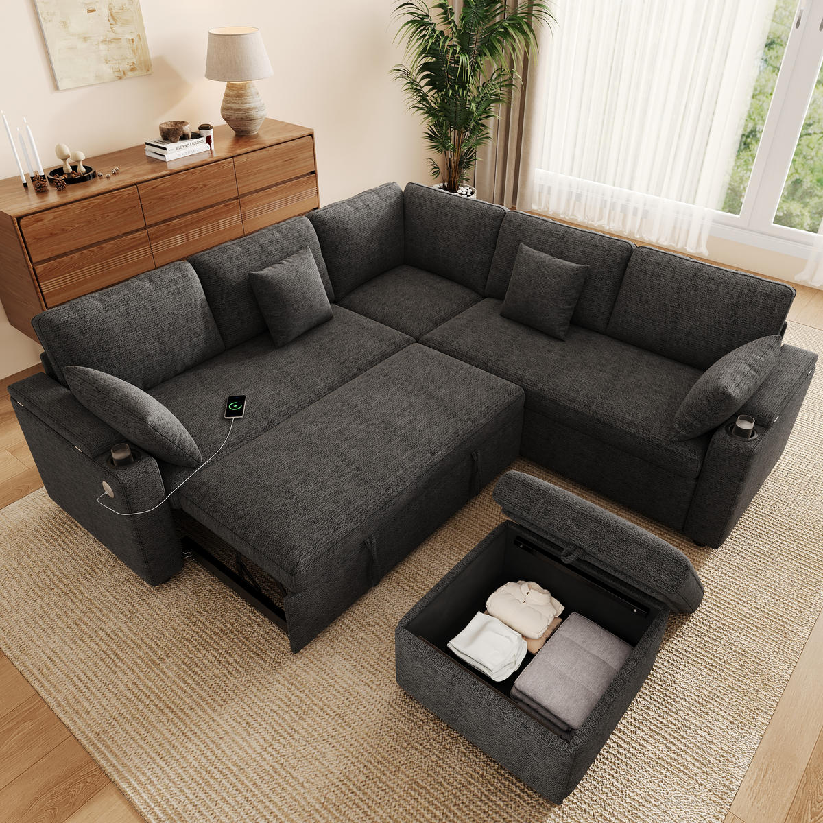ECKSOFA mit Schlaffunktion Stauraum und USB Type-C - Grau, Textil (204/204cm) - EVRYAE