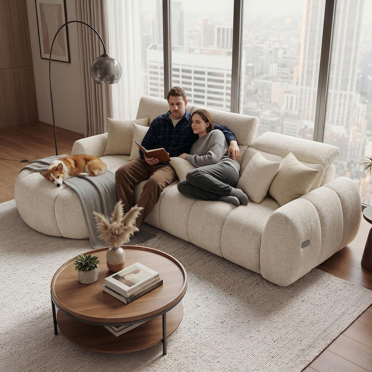 ECKSOFA Sorel Mini mit Automatisch verstellbarer Sitztiefe und Kopfstützen, links, Beige - Sandfarben, Textil (190/275cm) - Beautysofa