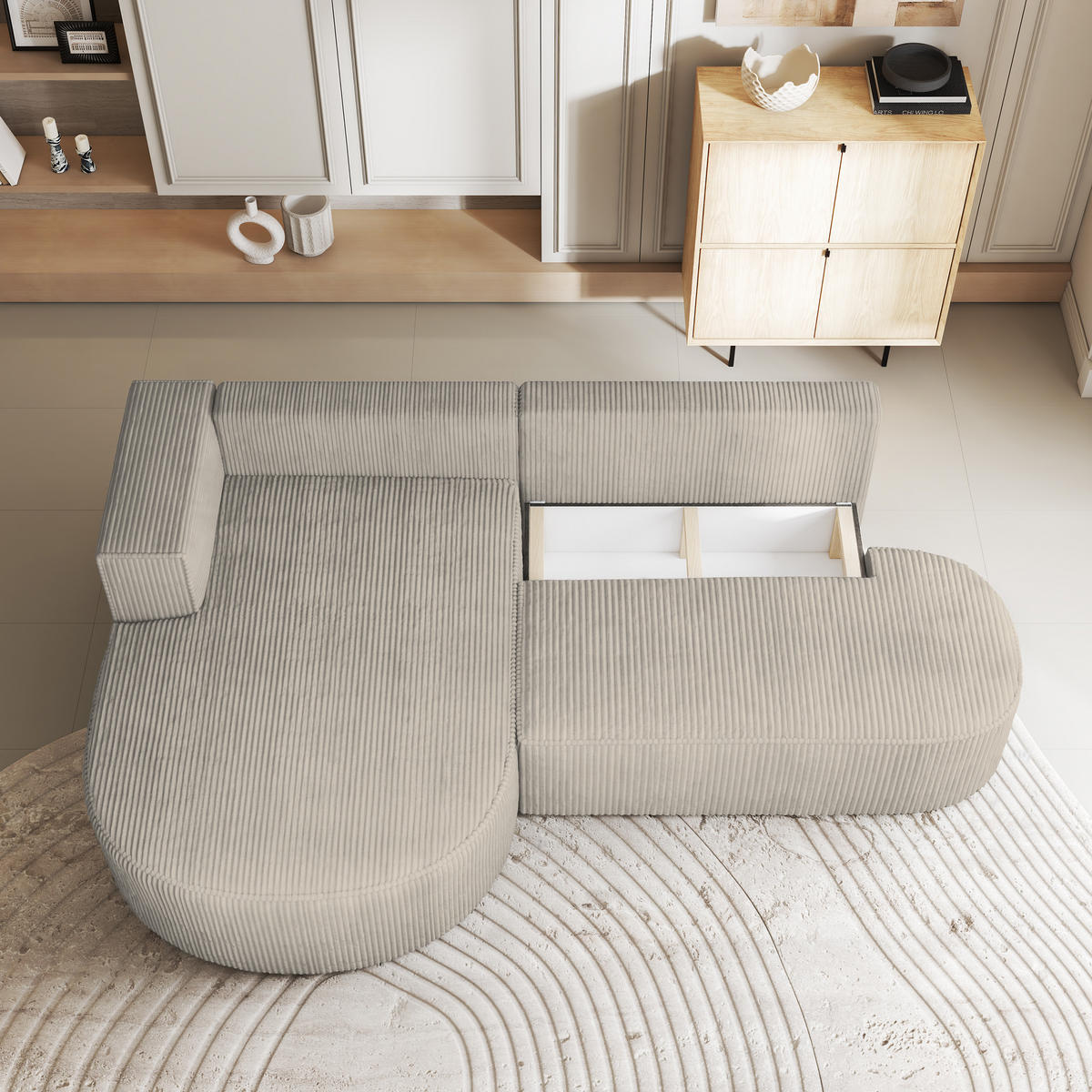 ECKSOFA CORTIO P L-S Creme Kordstoff mit Schlaffunktion - Creme, Holz (265/174cm) - MASSENO