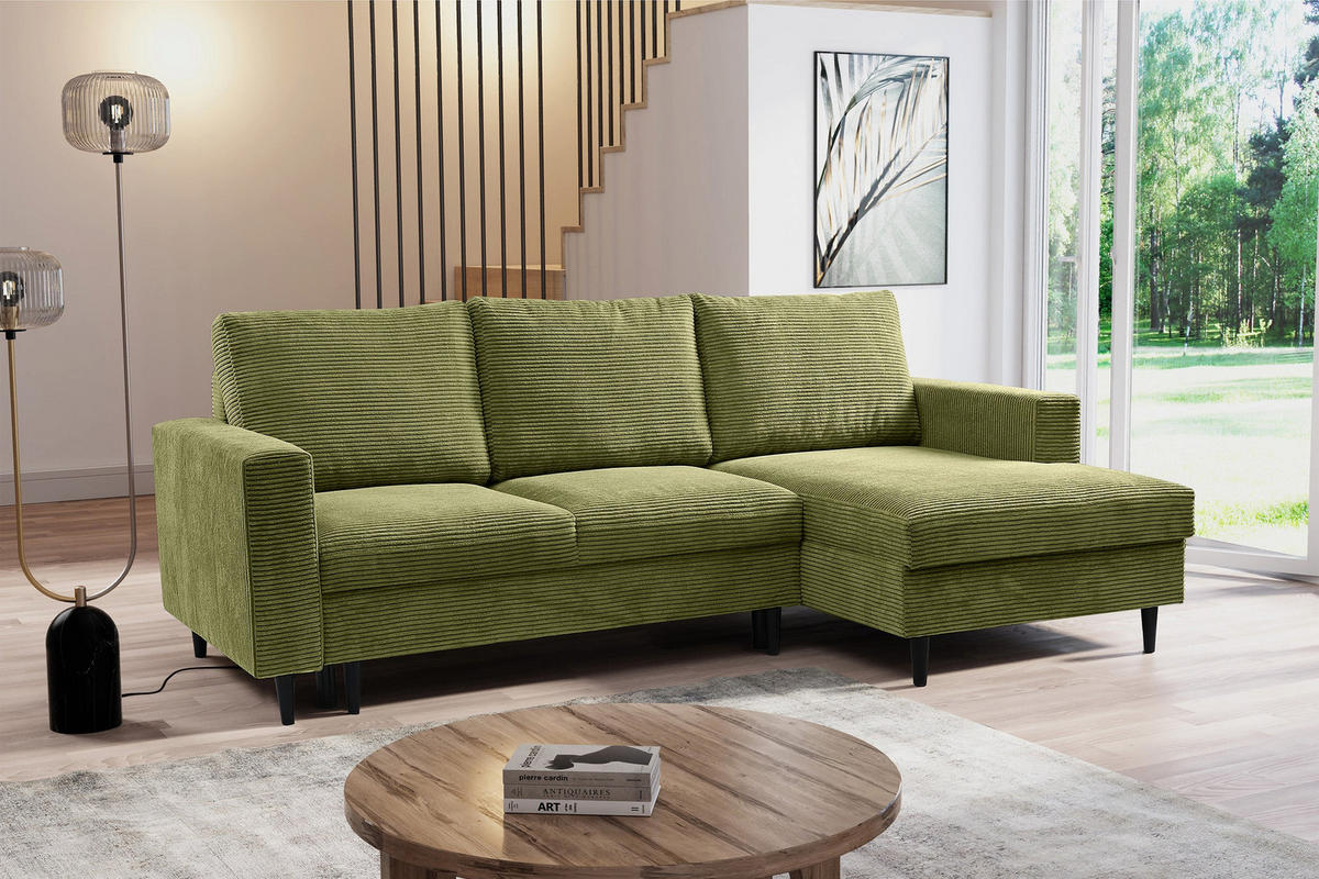 ECKSOFA Nalika Pistaziengrün mit Cordbezug - Schwarz/Hellgrün, Holz/Textil (143/230cm) - Selsey
