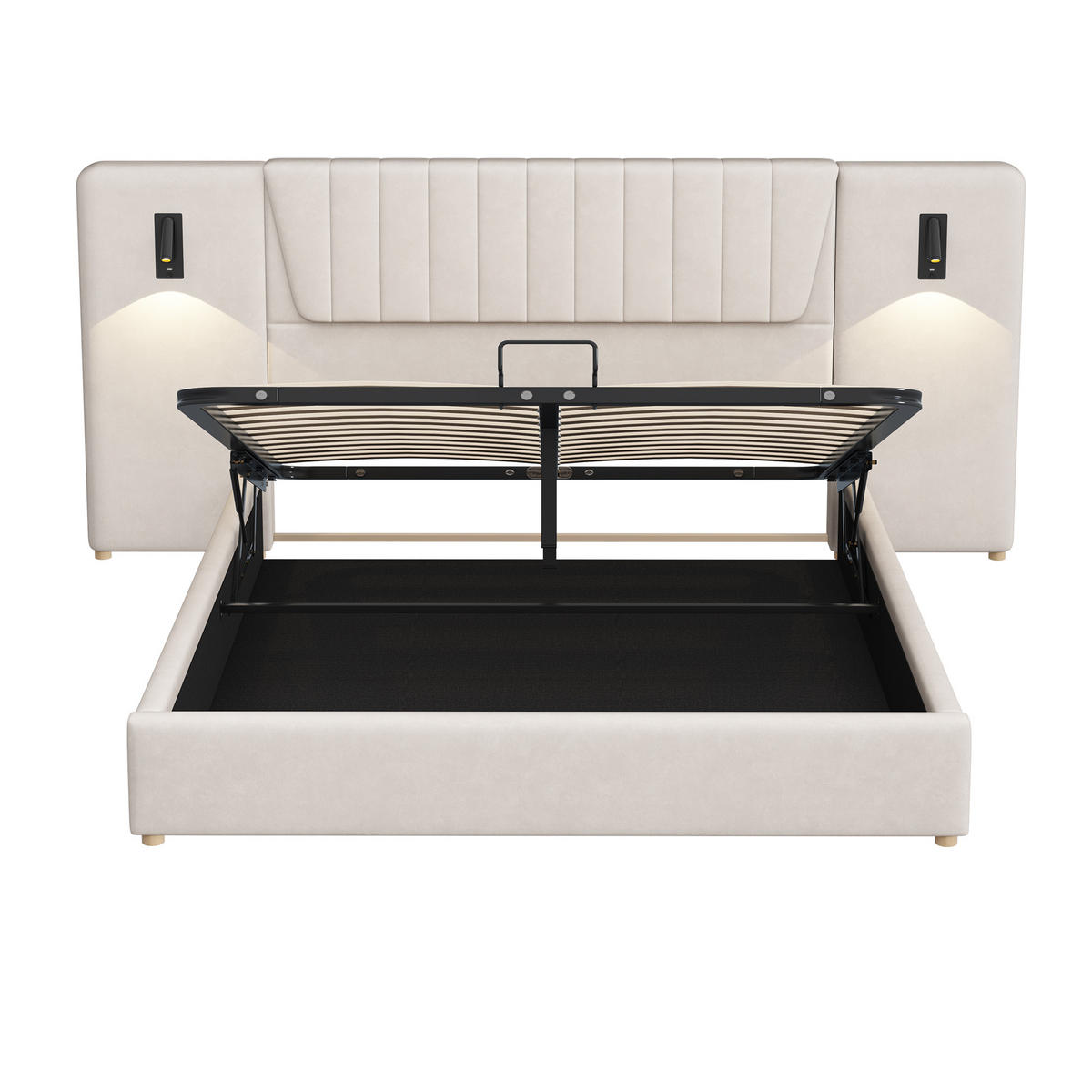 STAURRAUMBETT 180/200 cm DE-01898, in Beige, mit Leselampen, USB und hydraulischem Stauraum - Beige, Metall (180/200cm) - ComfortXL