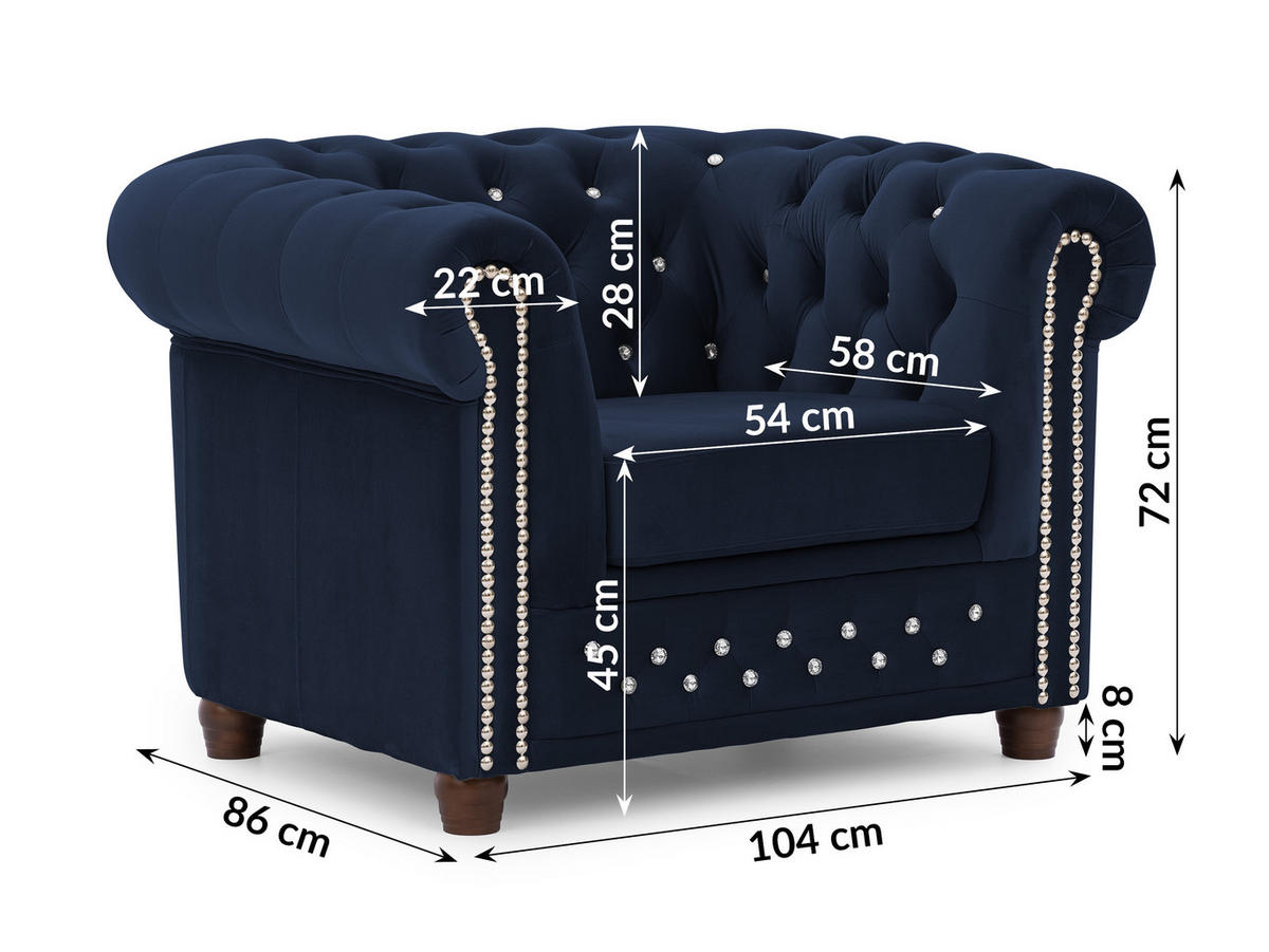 CHESTERFIELD-SESSEL Cleo Blink Marineblau Samt mit Kristallsteppung und braunen Massivholzfüßen - Blau/Beige, Holz/Textil (104/72/86cm) - S-Style Möbel