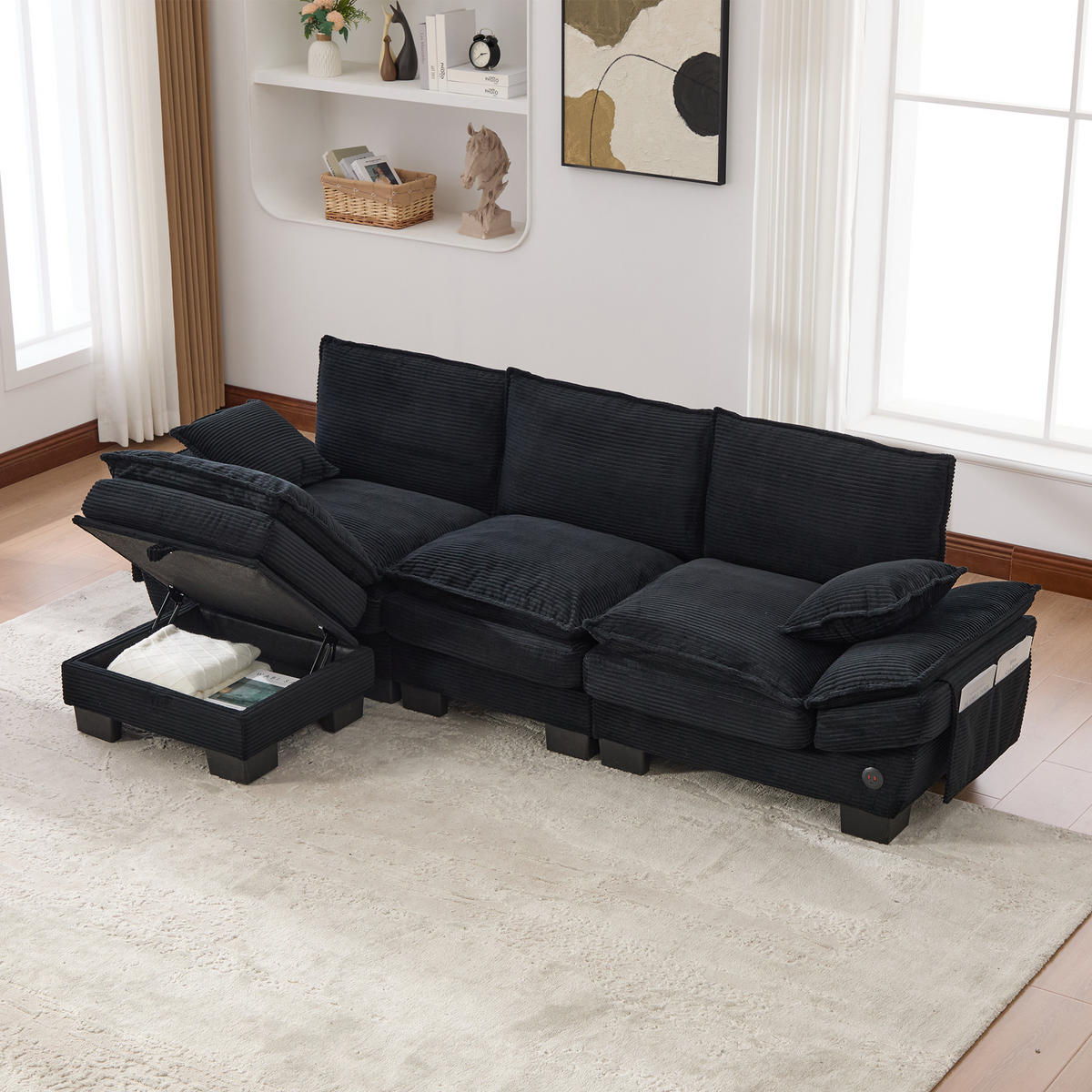 3-SITZER Sofa aus Cord 260x132x84 cm mit Hocker & USB-C, schwarz - Schwarz, Textil (132/84/260cm)