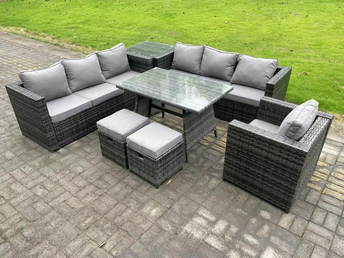 GARTENMÖBELSET mit Esstisch,Stuhl 9-Sitzer Grau - Dunkelgrau/Grau, Glas/Kunststoff - Fimous