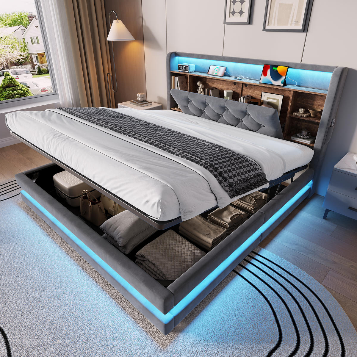 BOXBETT 160/200 mit LED/USB, Kopfteil-Regal & Hydraulik, Samt, Dunkelgrau - Dunkelgrau, Holz (160/200cm) - LVHOM