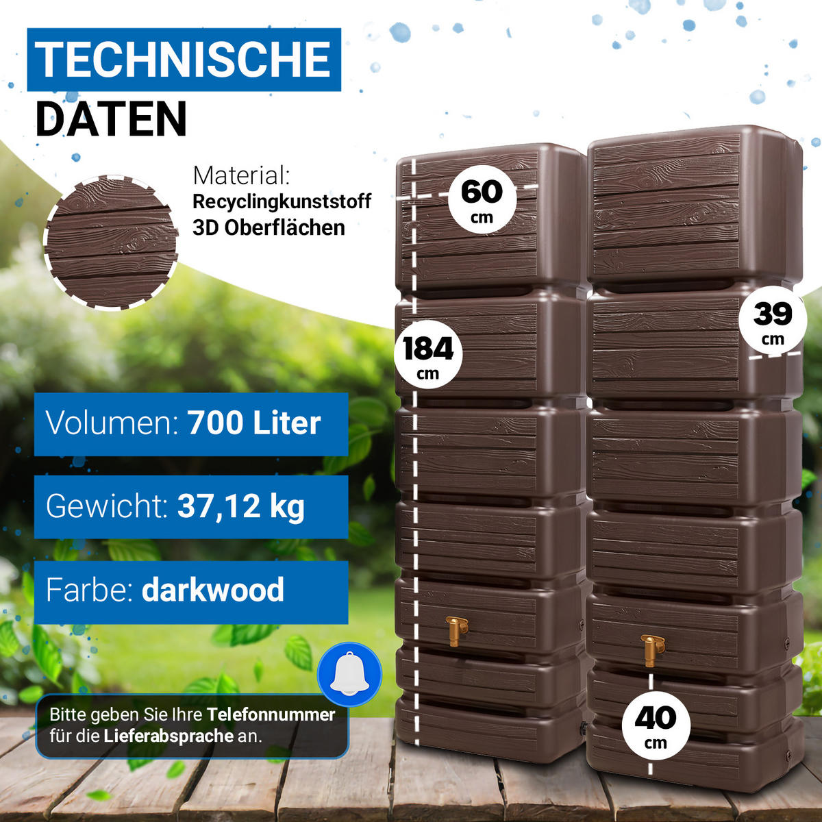 WANDTANK-SET 700 L dark 2 x 350 L inkl. Verbindungsset - Dunkelbraun, Kunststoff (130/184/39cm) - 4rain