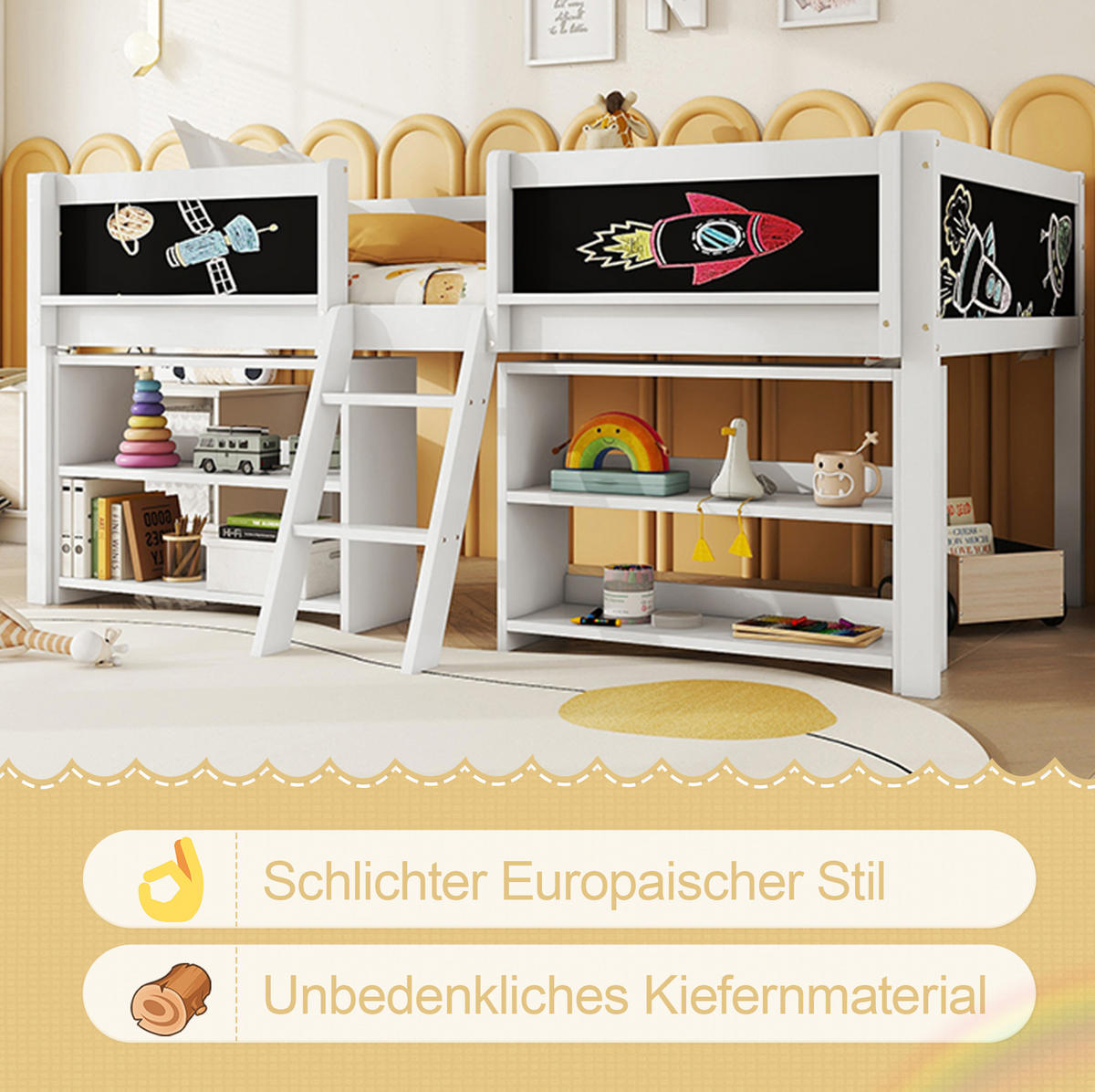 HOCHBETT 90/200 cm in Weiß mit Stauraum, Tafel, Leiter und Sicherheitsgeländer - Weiß, Holz (90/200cm) - Flora Grace
