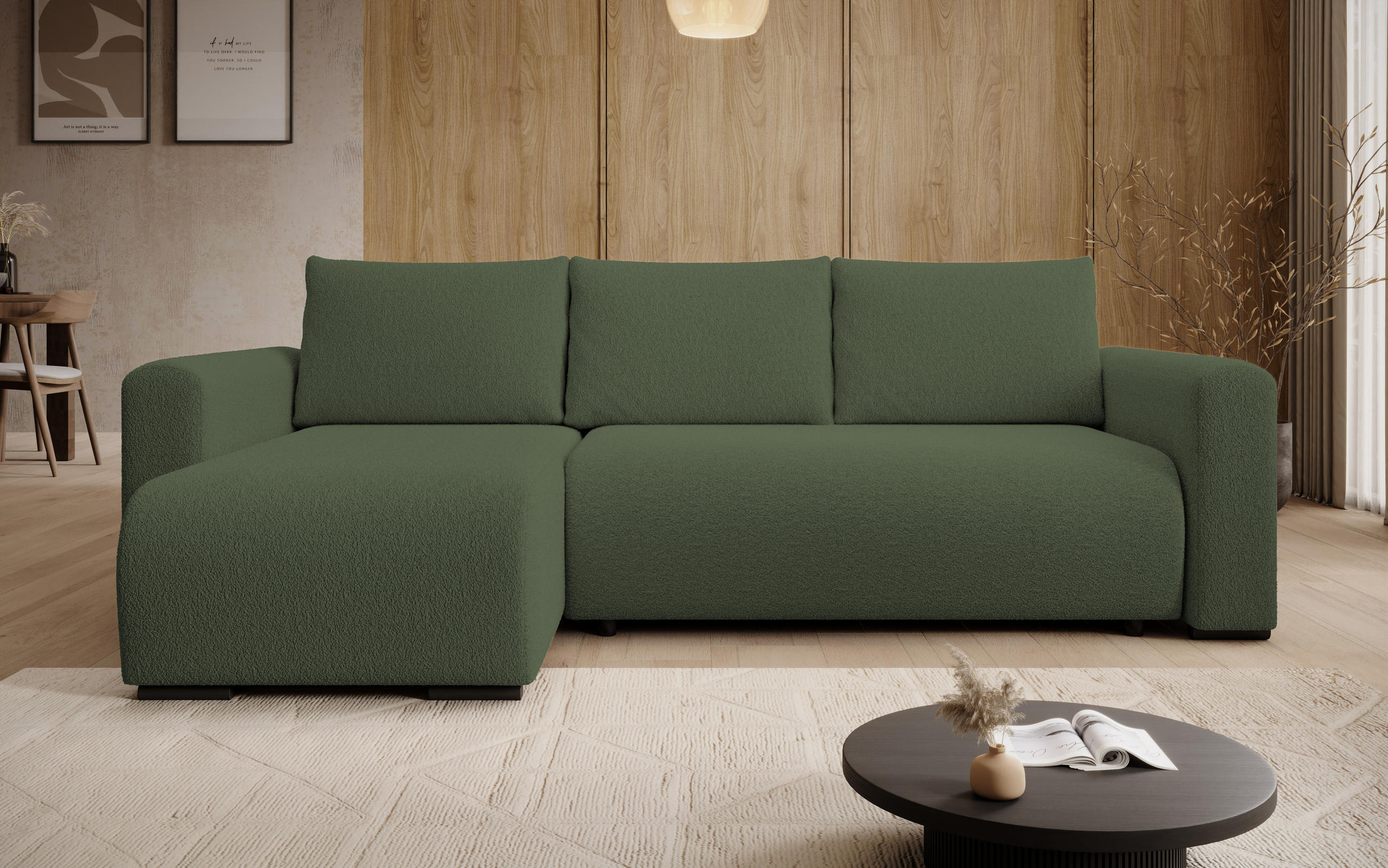 ECKSOFA DORA L, Eckcouch in L-Form mit Schlaffunktion und Bettkasten, Farbe: Grün, Bouclé-Stoff, Ottomane Links - Grün, Textil (240/143cm) - Storez24