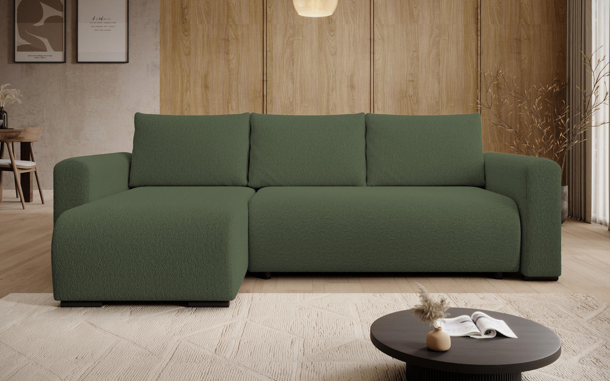 ECKSOFA DORA L, Eckcouch in L-Form mit Schlaffunktion und Bettkasten, Farbe: Grün, Bouclé-Stoff, Ottomane Links - Grün, Textil (240/143cm) - Storez24