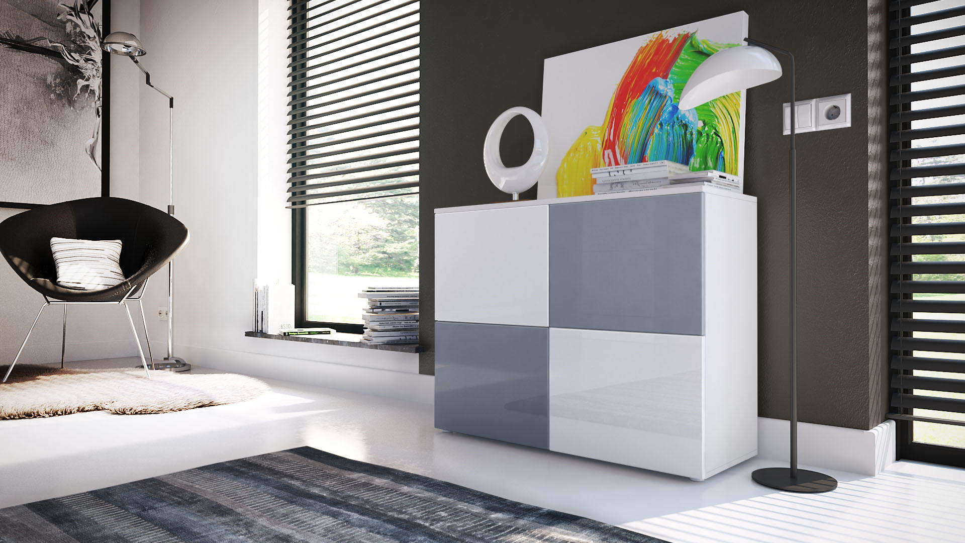 Thumbnail - Vladon Kommode, Weiß Hochglanz, Grau, Holzwerkstoff, 92x72x35 cm, Wohnzimmer, Kommoden & Sideboards, Kommoden