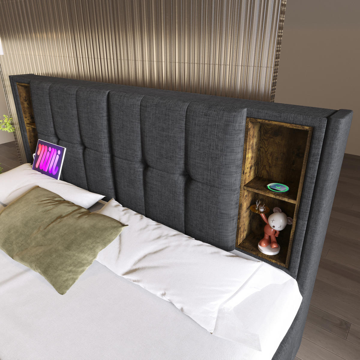 POLSTERBETT 160/200 cm in Grau Leinen mit 4 Schubladen, USB und Type-C - Grau, Holzwerkstoff/Textil (160/200cm) - WISHDOR