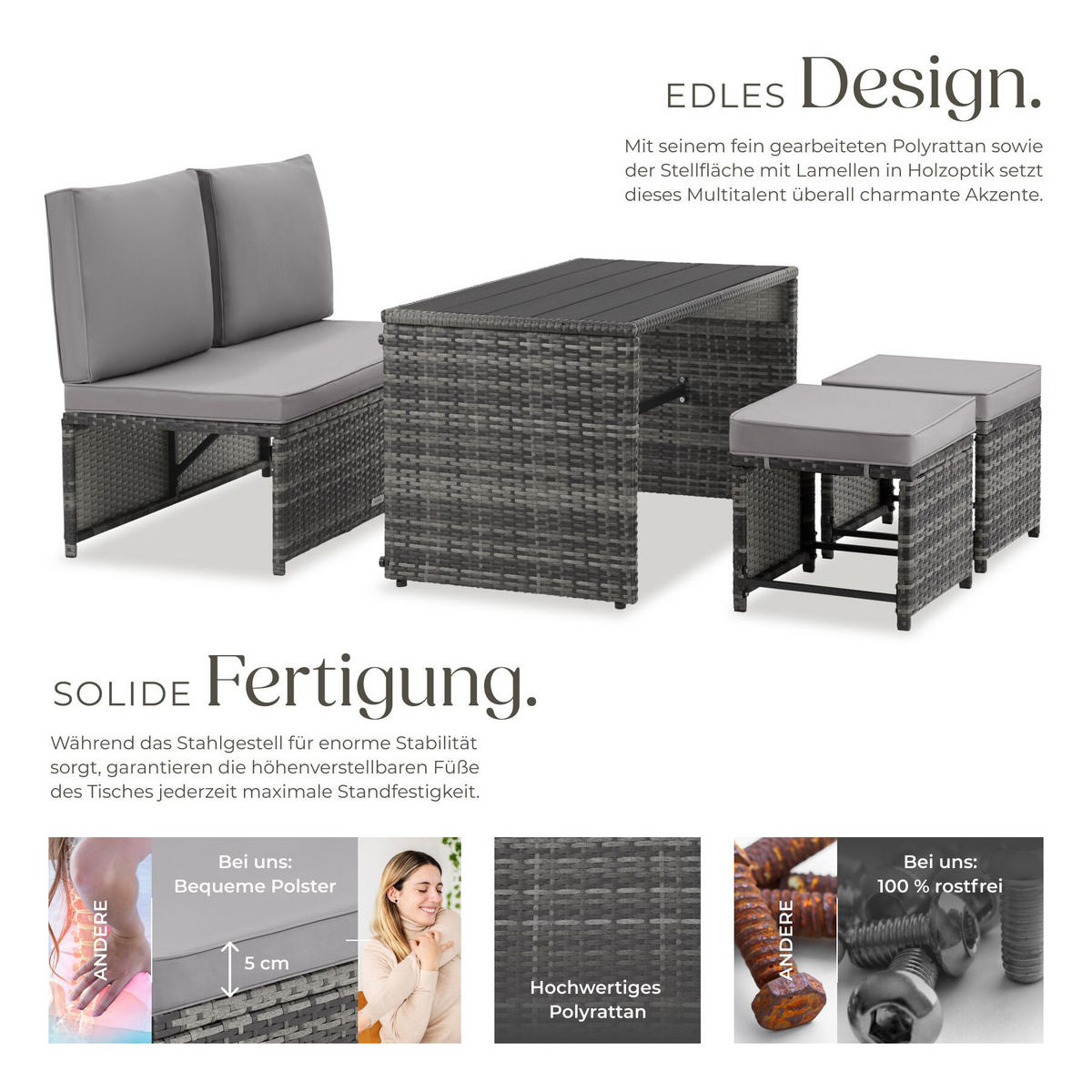 2-IN-1-RATTANLOUNGE-SET Monopoli, höhenverstellbare Tischfüße, grau - Grau, Kunststoff - tectake