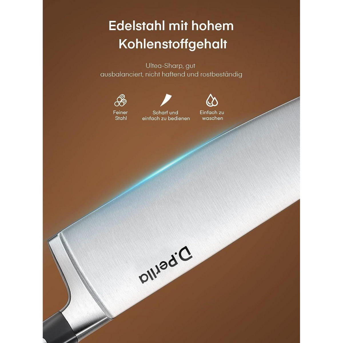 MESSERBLOCK Set 6-teilig mit Kochmessern aus Edelstahl mit hohem Kohlenstoffgehalt - Braun, Metall (22.4/9.4/35.8cm)