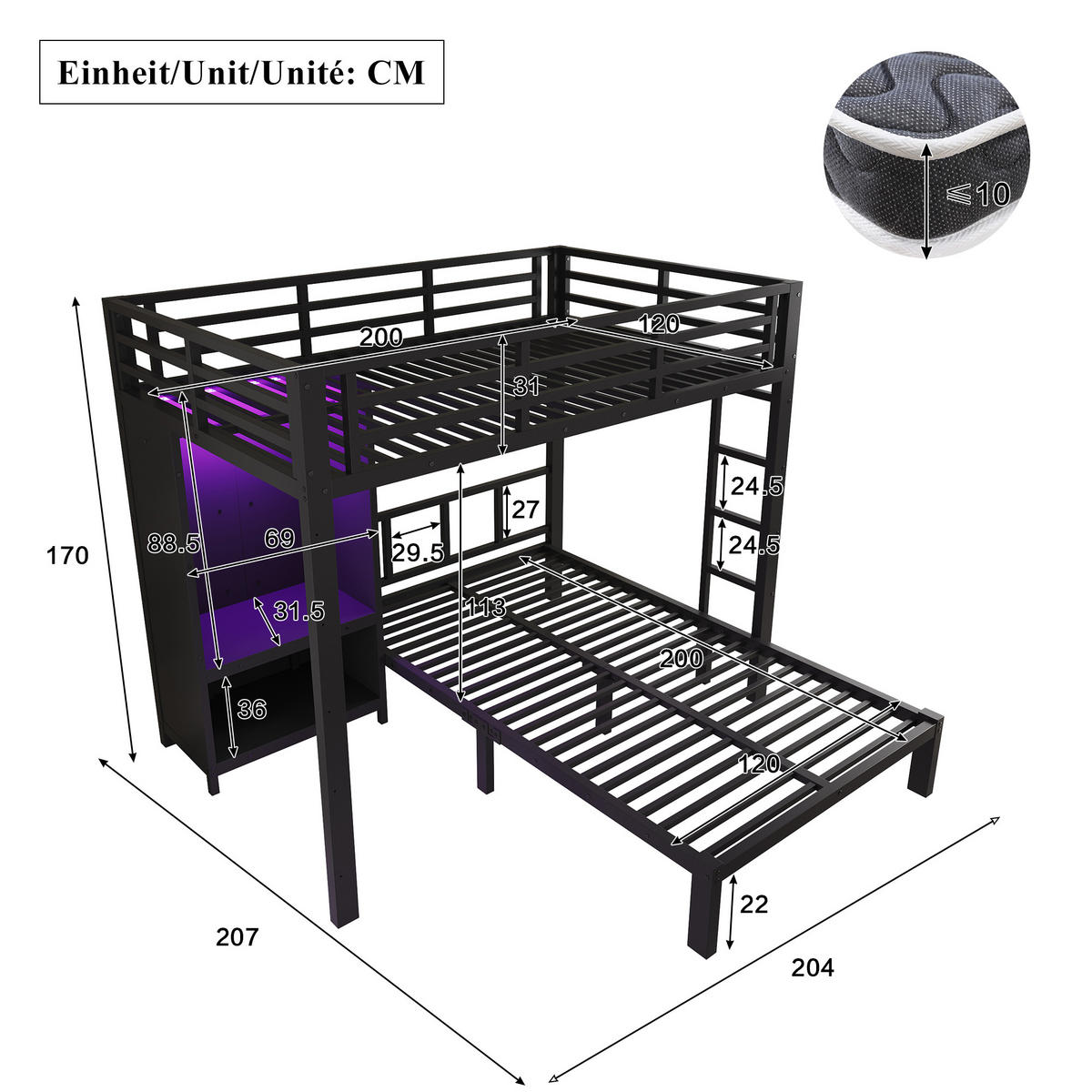 ETAGENBETT 120/200 cm mit Kleiderschrank und LED, DE-41766, in Schwarz - Schwarz, Metall (120/200cm) - ComfortXL