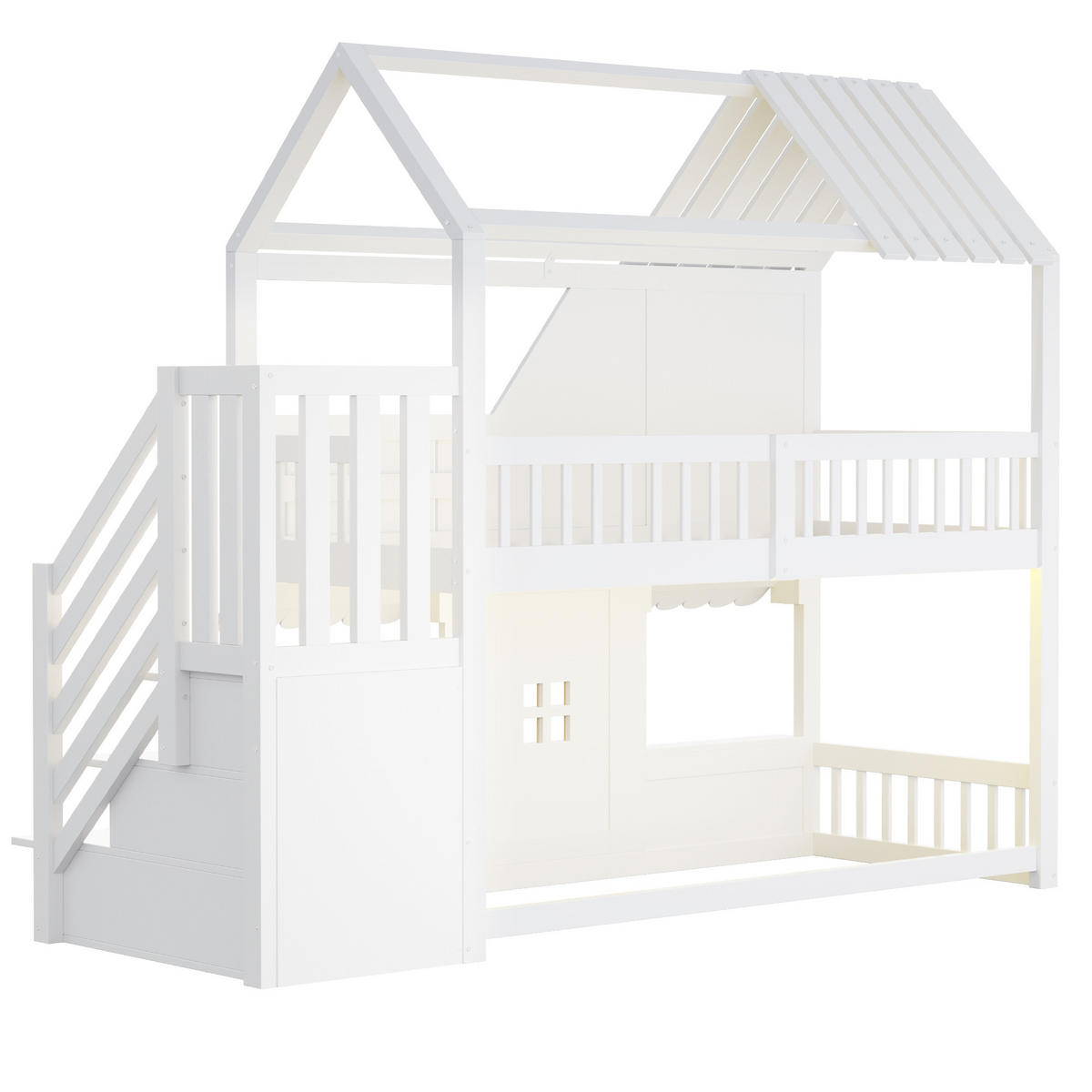 KINDER-ETAGENBETT 90 x 200 cm mit Dach, Leiter und LED, Weiß - Weiß, Holz (90/200cm) - FLIEKS