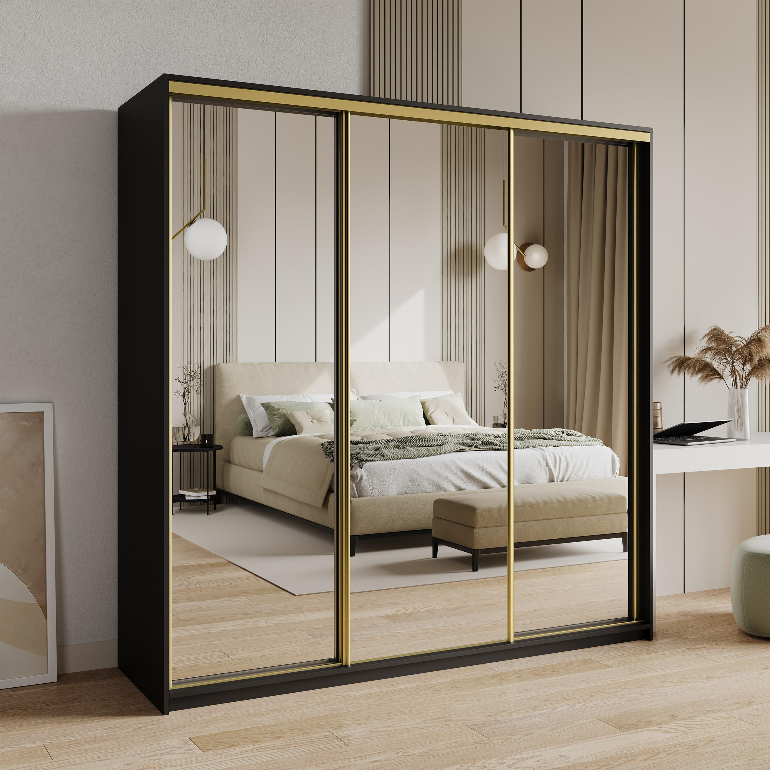 SCHWEBETÜRENSCHRANK RIEN 180/205/60 cm 3-türig mit Spiegel und Schubladen Schwarz - Goldfarben/Schwarz, Holzwerkstoff (180/205/60cm) - MASSENO