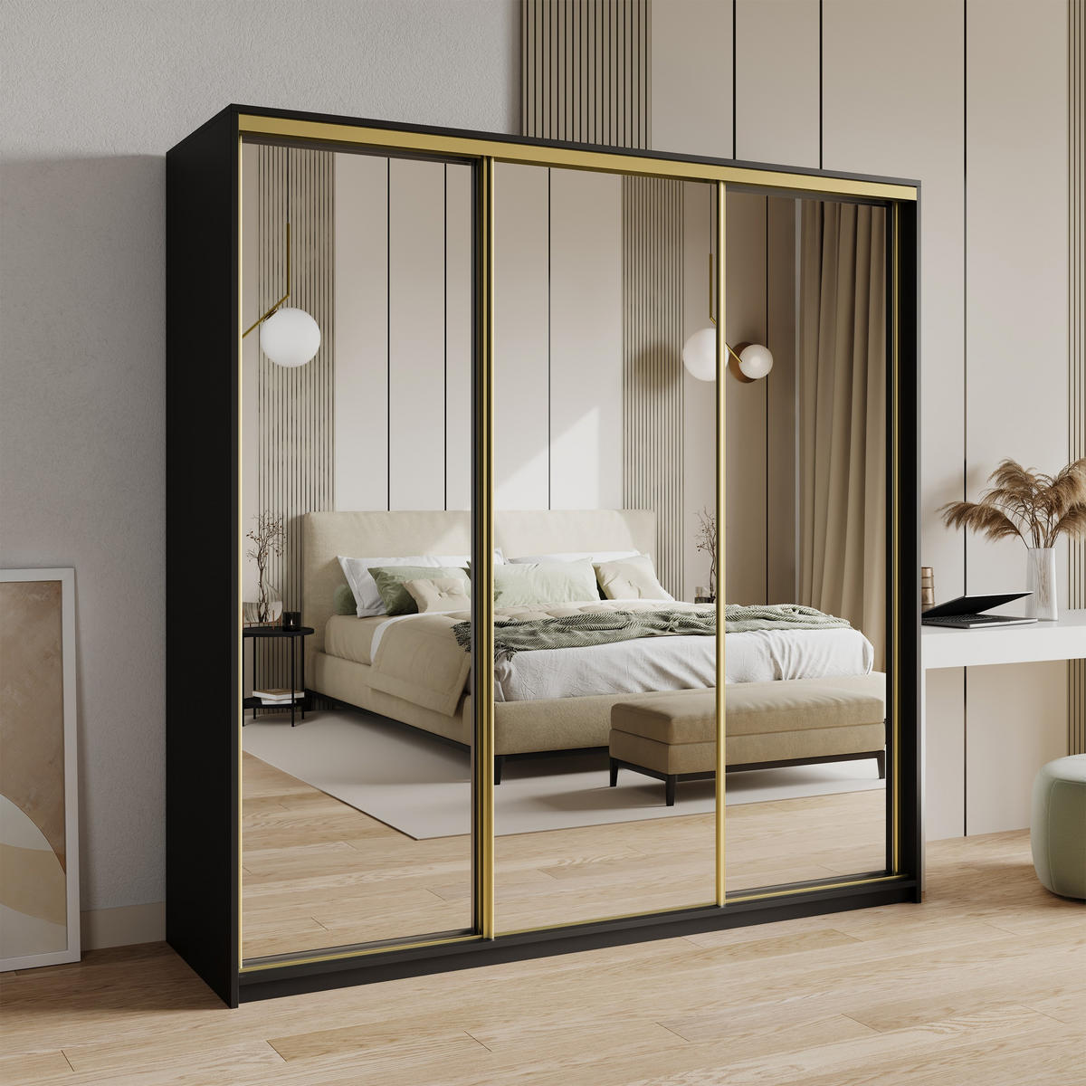 SCHWEBETÜRENSCHRANK RIEN 200/205/60 cm 3-türig mit Spiegel Schwarz - Schwarz, Holzwerkstoff (200/205/60cm) - MASSENO