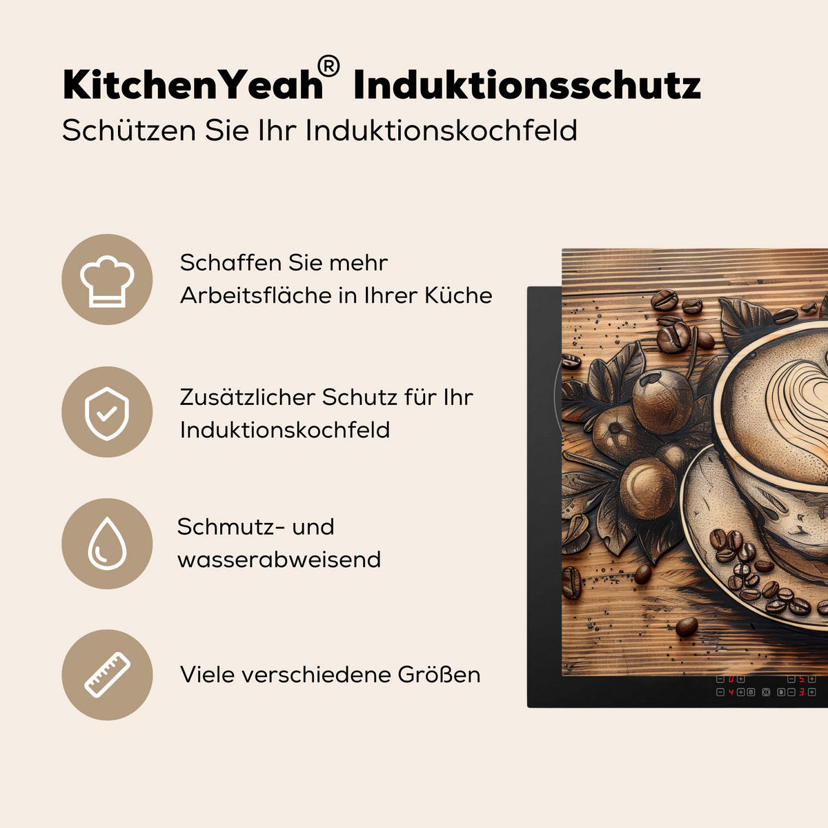 HERDABDECKPLATTE Kaffee - Vintage - Braun - Tasse - Holz Induktionsmatte 77x59 cm - Cappuccino, Kunststoff (77/59/0.2cm) - MuchoWow