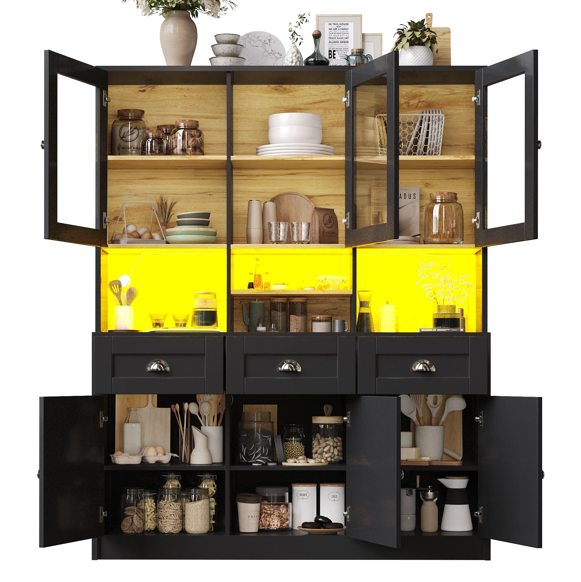 BUFFET mit Schubladen 140/40/175 cm in Schwarz mit LED & viel Stauraum - Schwarz, Holzwerkstoff (140/175/40cm) - BEAOK
