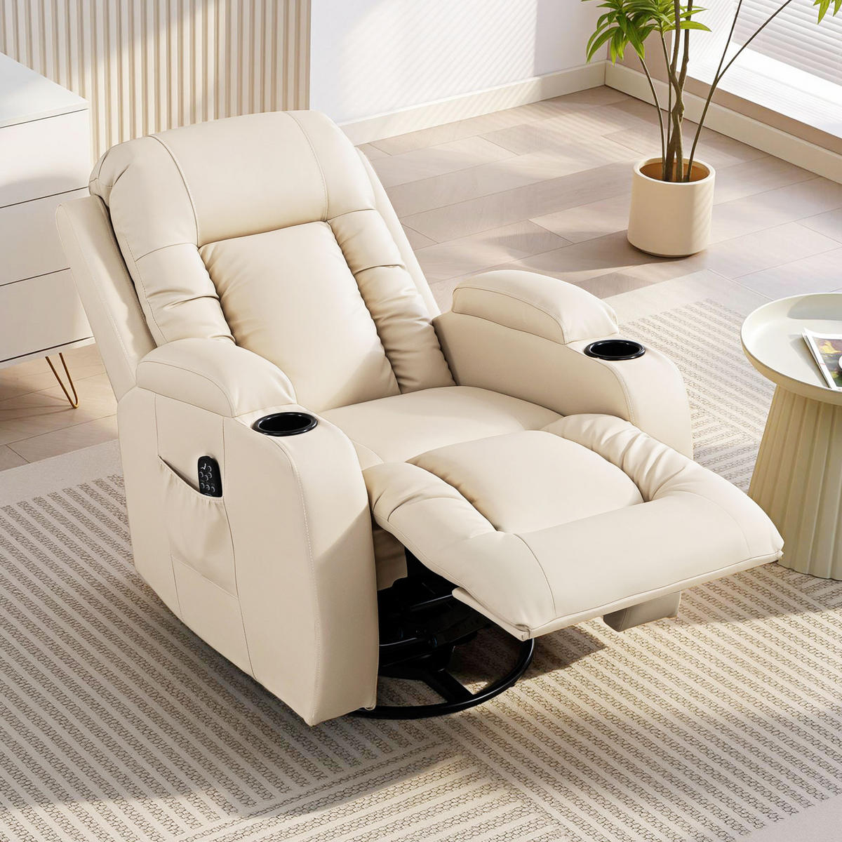 MASSAGESESSEL DE-15444 8 Massagepunkte mit Heizung und 360° Drehung Creme - Creme, Leder (82/103/99cm) - ComfortXL