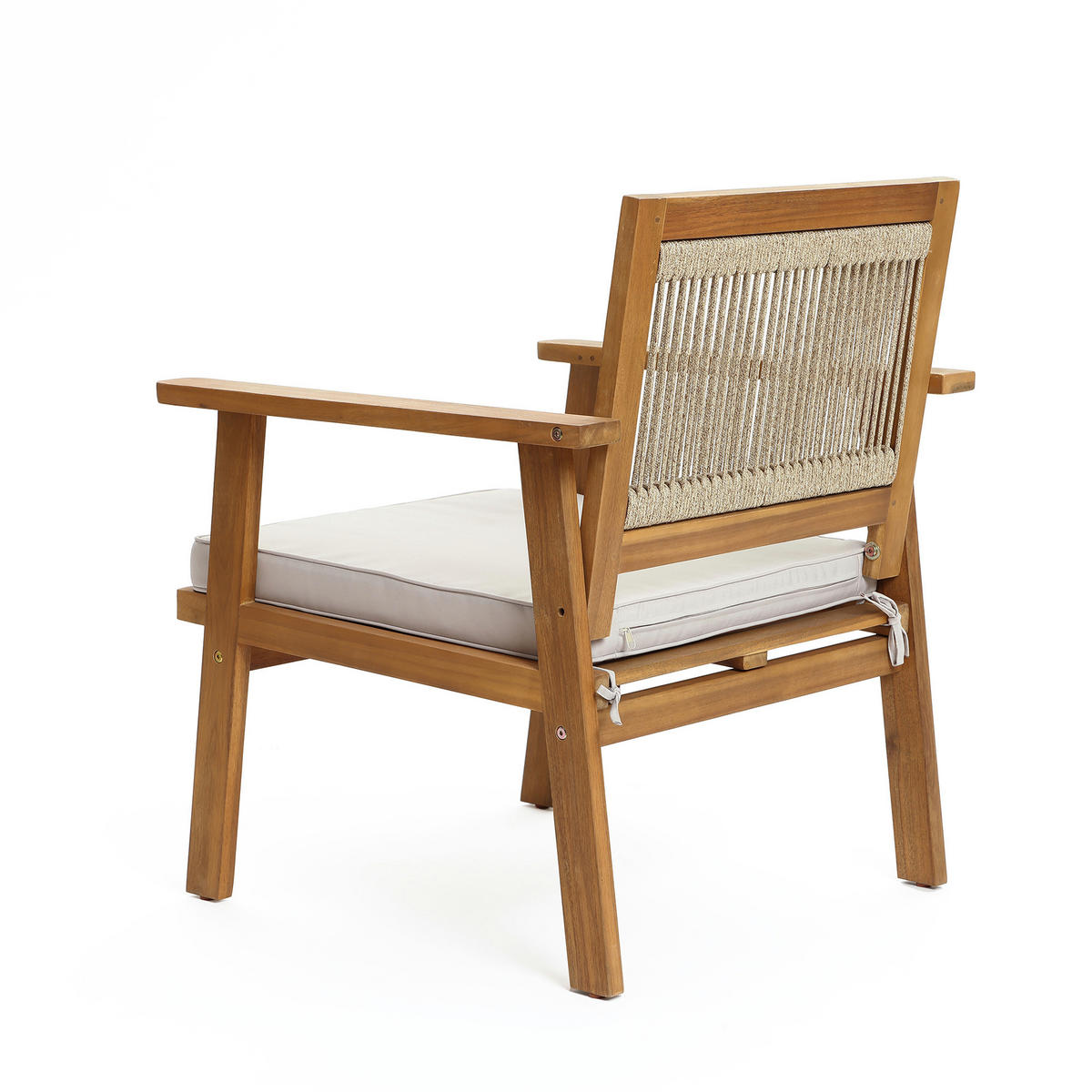 75CM Outdoor-Armlehnstühle aus Akazienholz mit Seilrückenlehne und Kissen, 2er-Set - Akaziefarben, Holz (64/74.5/64cm) - Hometopia