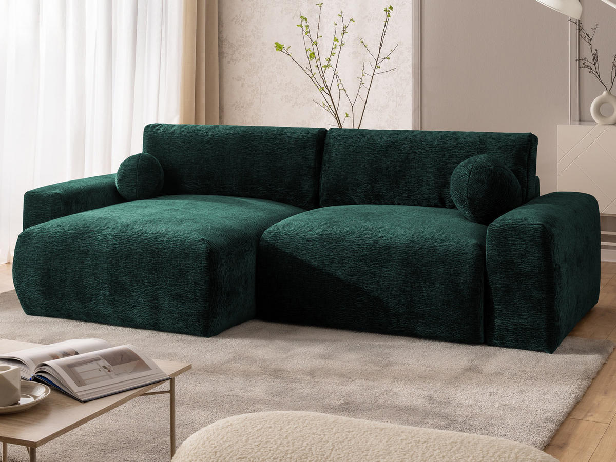 ECKSOFA Puffy mit Schlaffunktion und Bettkasten - besonders weich und puffig aus Grün Stoff mit Chenillestruktur - Ottomane links - Schwarz/Grün, Holz/Kunststoff (138/266cm) - S-Style Möbel