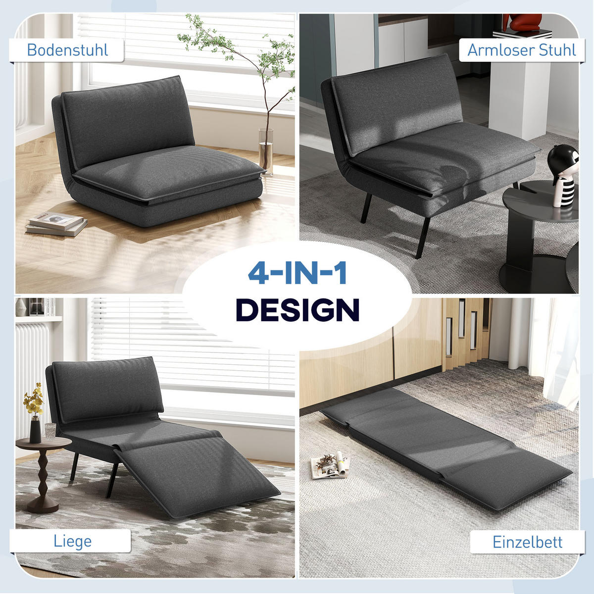 BODENSOFA 4-in-1 Klappbar Schlafsofa, Dunkelgrau - Dunkelgrau, Textil (76/71/75cm) - HOMCOM