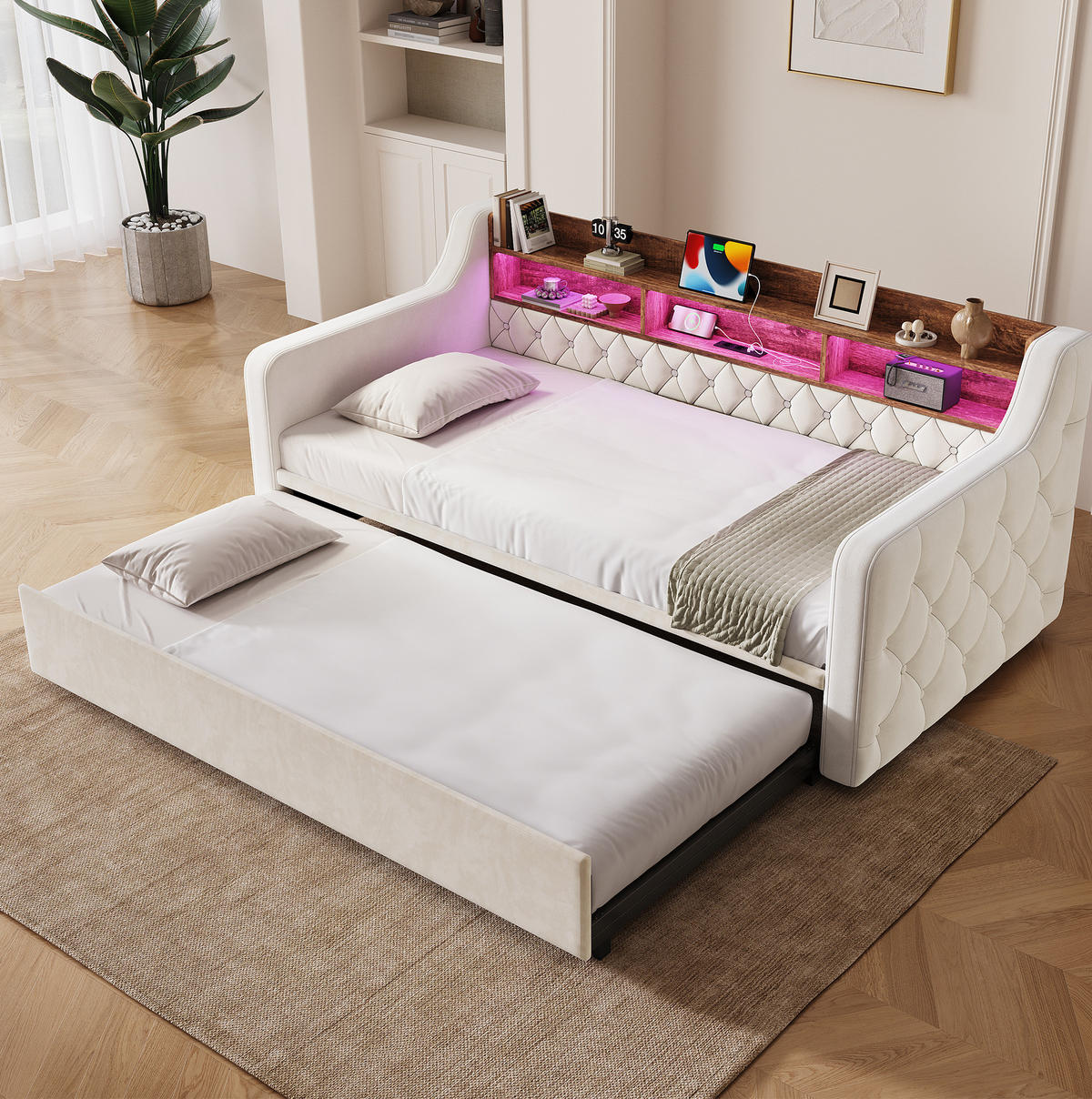 BETT 90/190 cm in Beige aus Samt mit Stauraum-Kopfteil, LED-Beleuchtung - Beige, Textil (90/190cm) - Flora Grace
