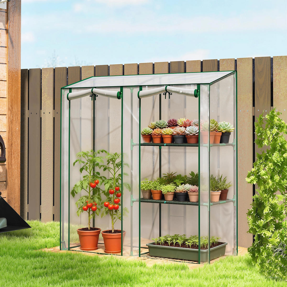 GEWÄCHSHAUS DE-12090 mit 3 Etagen & 2 Rolltüren Transparent - Transparent, Kunststoff (45/151/143cm) - ComfortXL