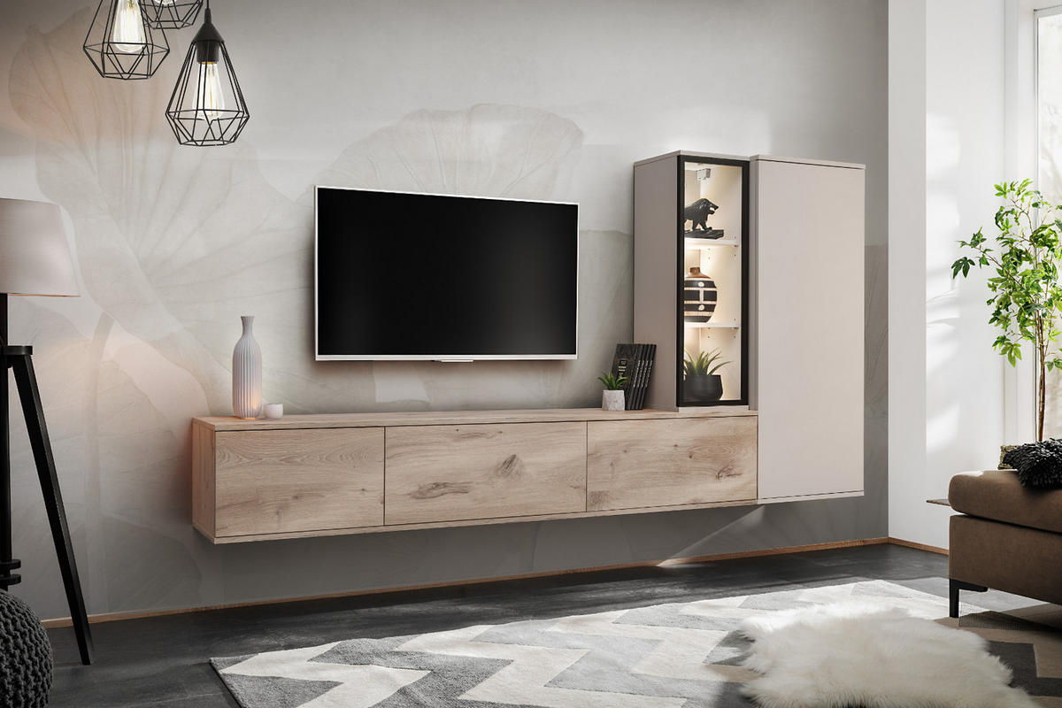 WOHNWAND Eiche, Kaschmir hängend 240 cm, Schrankwand mit Push-to-Open inklusive Beleuchtung - Kaschmir/Eichefarben, Glas/Holzwerkstoff (240/125/35cm) - Furn.Design