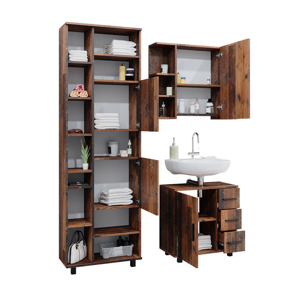 BADMÖBEL-SET Ilias Eiche rustikal 3 Teile, mit Unterschrank 60 cm - Wildeiche, Holzwerkstoff (60/60.8/33cm) - Vicco