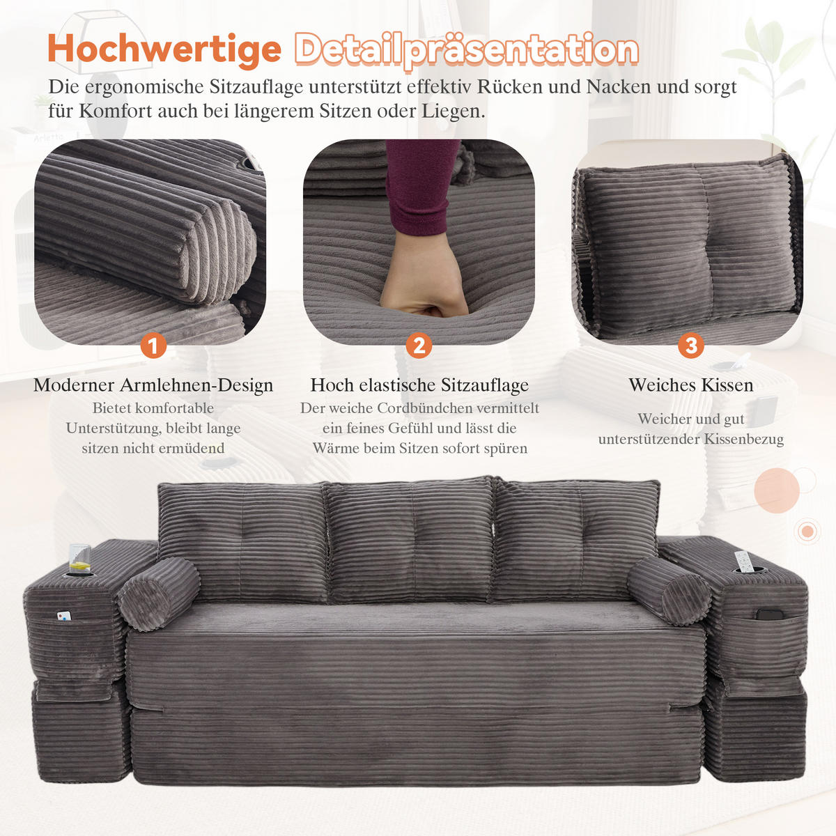 SCHLAFSOFA, 2-in-1 Klappsofa mit Getränkehalter, Modulares Bodensofa Cordstoff, Dunkelgrau - Dunkelgrau, Textil (232/80/98cm) - LVHOM