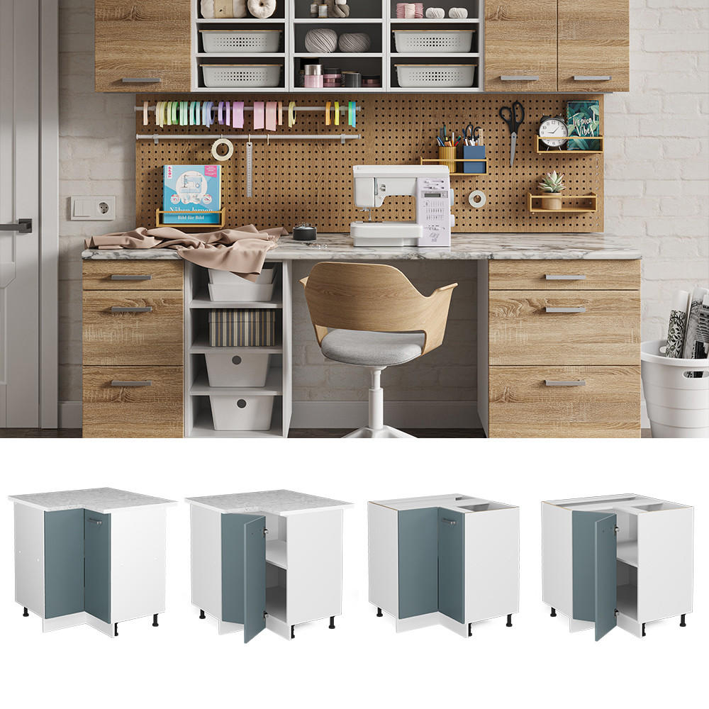 ECKSCHRANK FÜR HAUSRAT R-Line Blau-Grau 75.6 cm mit Tür, mit Arbeitsplatte - Blaugrau/Weiß, Holzwerkstoff (75.6/81.6/60cm) - Vicco